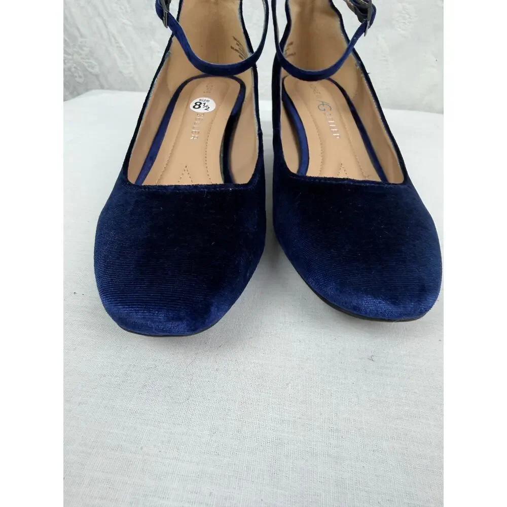 Andrew Geller Navy Velvet Mary Jane Pumps Sparkle Block Heel Size 8.5